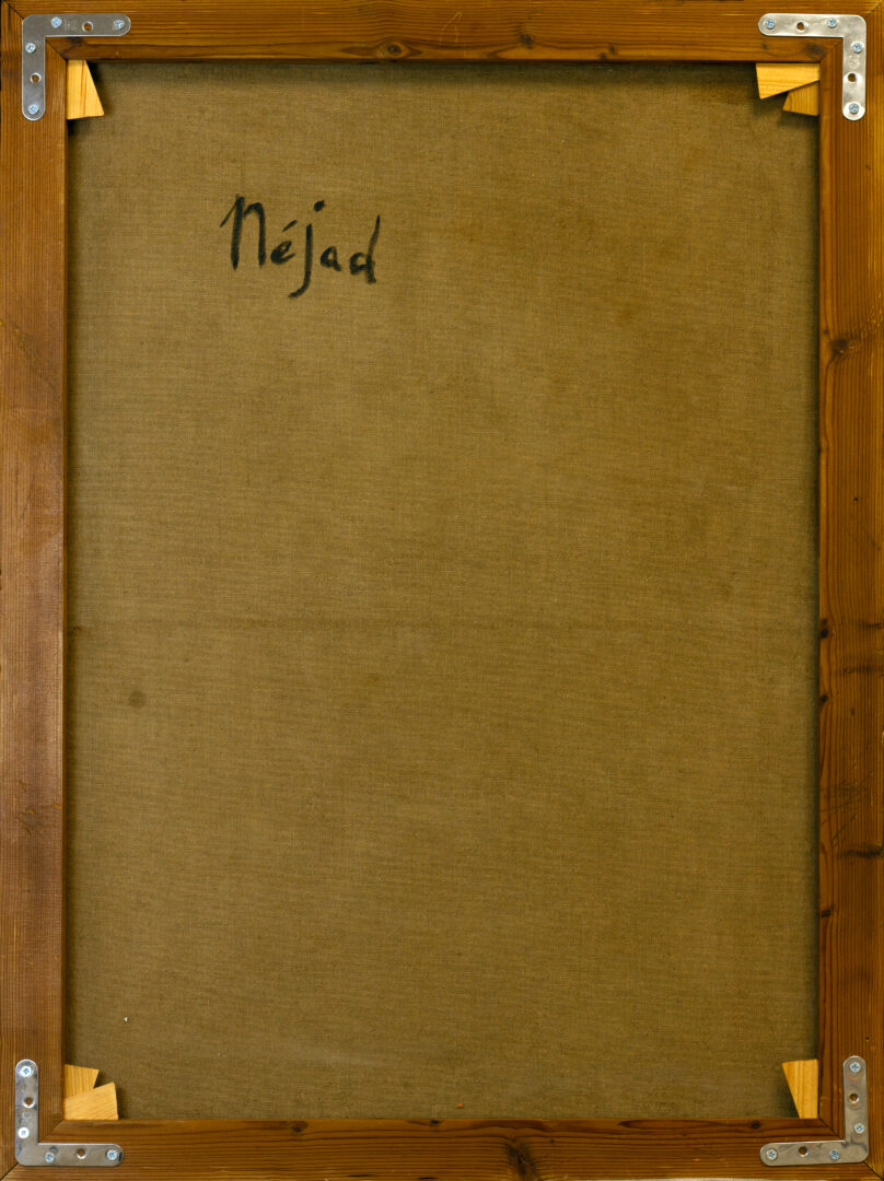 The back of the painting "Abstract Composition" by Nejad Devrim, showing the canvas structure and the artist's handwritten signature.