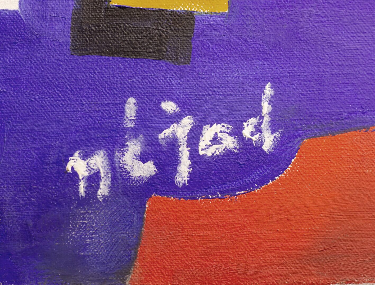 A close-up of the signature on the front of "Abstract Composition" by Nejad Devrim, written in white against a deep blue background.