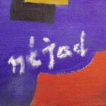 A close-up of the signature on the front of "Abstract Composition" by Nejad Devrim, written in white against a deep blue background.