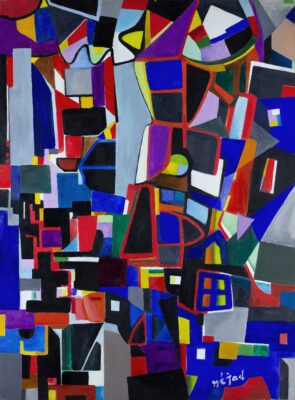 The unframed painting "Abstract Composition" by Nejad Devrim, showcasing vibrant geometric abstraction in red, blue, yellow, and black.