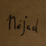 A close-up of the artist's signature on the back of the painting "Abstract Composition" by Nejad Devrim, written in black ink on raw canvas.