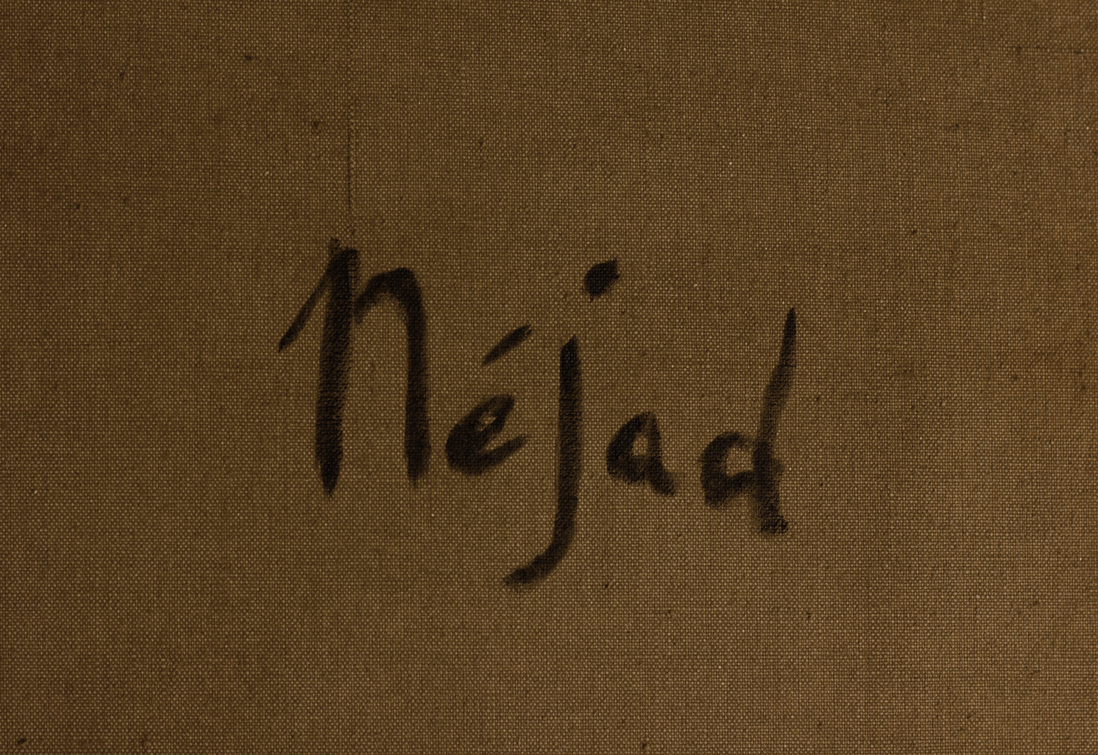 A close-up of the artist's signature on the back of the painting "Abstract Composition" by Nejad Devrim, written in black ink on raw canvas.