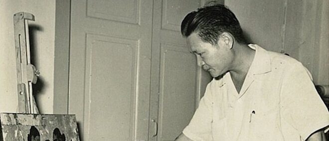 Cheong Soo Pieng painting in his studio in the 1950s, showcasing his pioneering role in the Nanyang Art Style and his fusion of Eastern and Western artistic techniques.