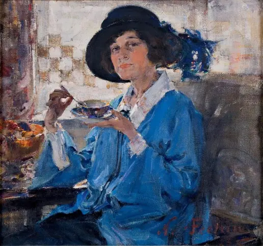 Portrait of a woman in a blue dress and black hat, sitting with a teacup in hand, titled “Tea Time” by Nikolai Feshin, featuring vivid colors and textured brushwork.