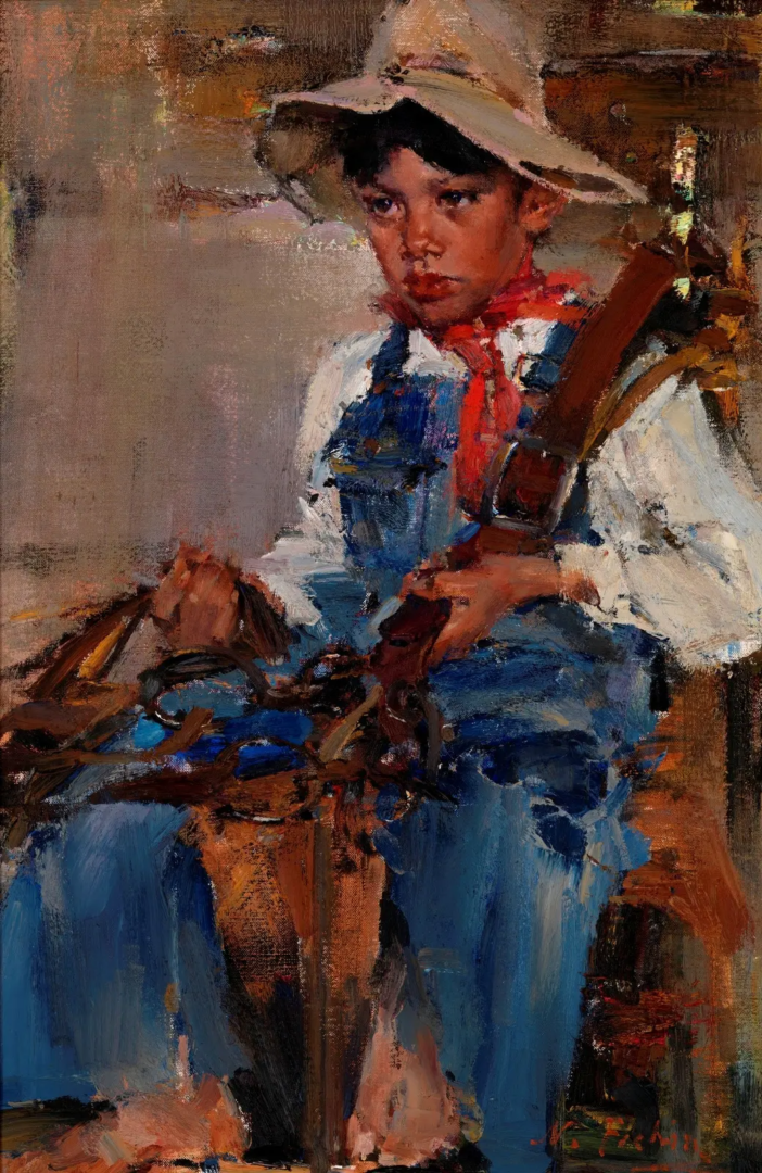 Portrait of a young boy wearing a wide-brimmed hat and overalls, titled “Drummer Boy” by Nikolai Feshin, characterized by expressive brushstrokes and rich, vibrant colors.