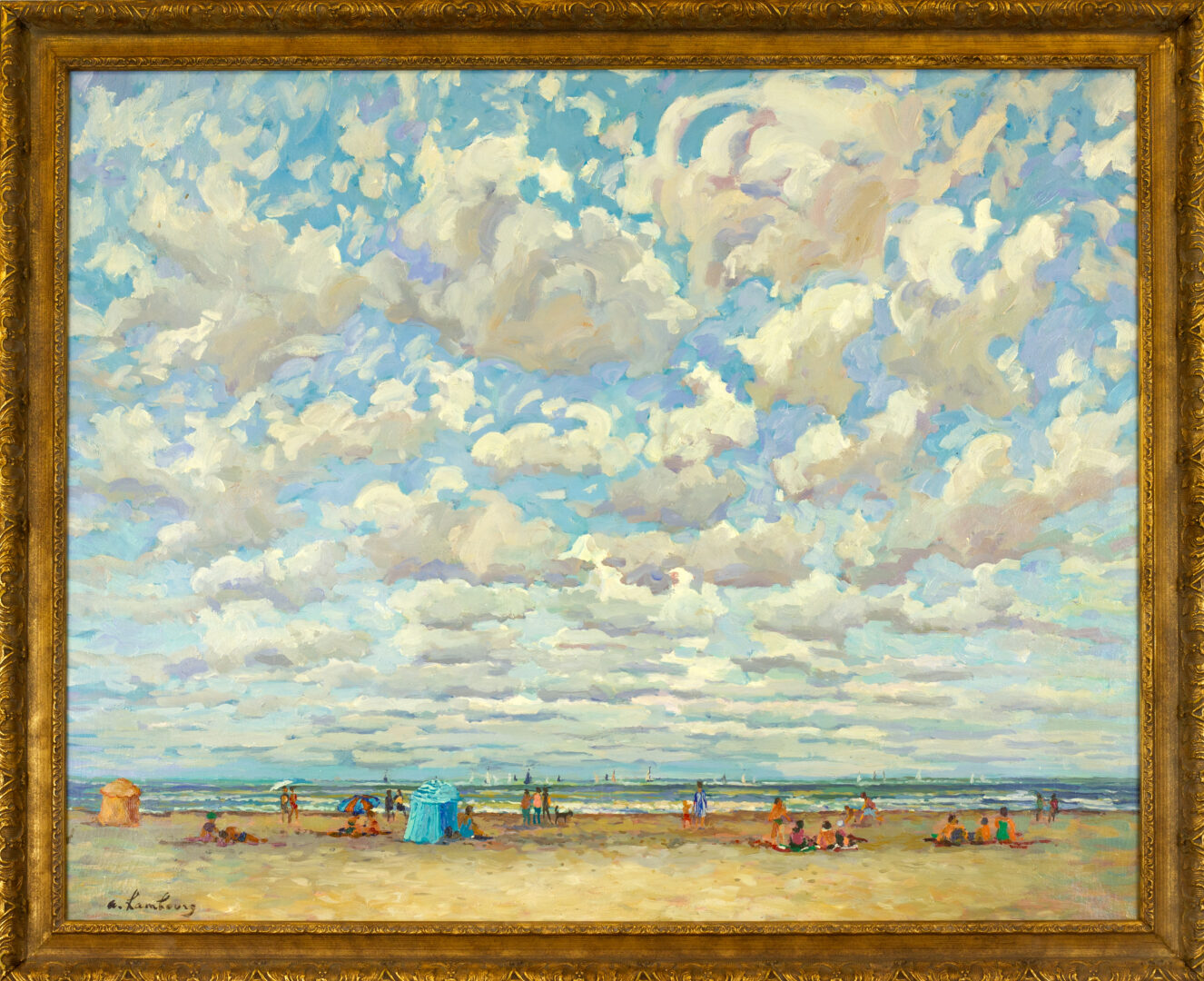 André Hambourg's painting 'Temps Doux à Deauville en Août' in an ornate gold frame, depicting a serene beach scene with a sky filled with clouds.