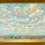 André Hambourg's painting 'Temps Doux à Deauville en Août' in an ornate gold frame, depicting a serene beach scene with a sky filled with clouds.