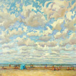 André Hambourg's 'Temps Doux à Deauville en Août' painting, an impressionistic depiction of a beach in Deauville, France, with a cloudy summer sky.