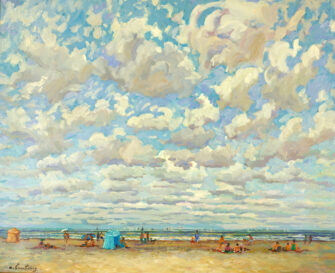 André Hambourg's 'Temps Doux à Deauville en Août' painting, an impressionistic depiction of a beach in Deauville, France, with a cloudy summer sky.