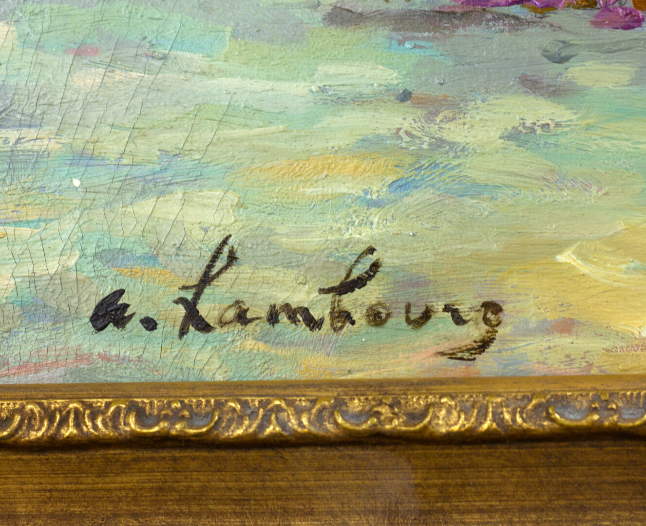 Close-up of André Hambourg’s signature on the lower left corner of 'Temps Doux à Deauville en Août,' written in black ink over a textured painted surface.