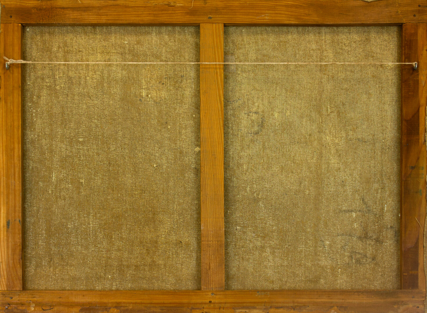 The reverse side of Celestial Abstraction, 1963 by Cheong Soo Pieng, showing the aged canvas and wooden stretcher, emphasizing the painting’s provenance and authenticity.