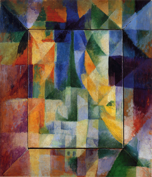 Robert Delaunay – Windows (1912), an abstract Cubist-inspired painting featuring dynamic geometric shapes and vibrant color contrasts, reflecting the early development of Orphism.