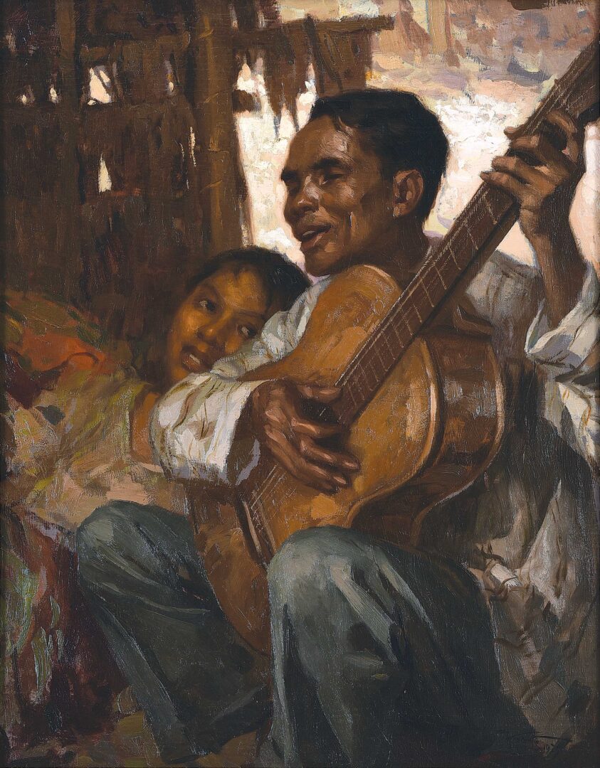 El Ciego (The Blind Man), a masterpiece by Fernando Amorsolo, depicting a blind guitarist and a young woman in a rustic setting, showcasing Amorsolo’s signature use of light and romantic realism in Philippine art.