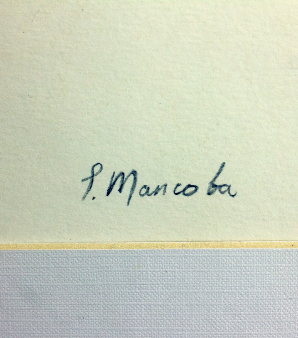 Signature of Ernest Mancoba on "Untitled, c. 1959," authenticating this ink and watercolor abstract artwork by the pioneering modernist artist.