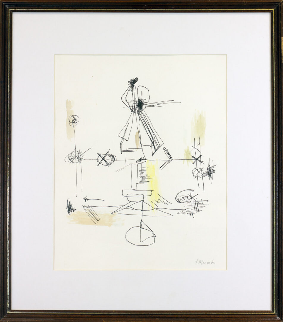 "Untitled, c. 1959" by Ernest Mancoba – framed ink and watercolor artwork featuring abstract expressionist elements and geometric composition.