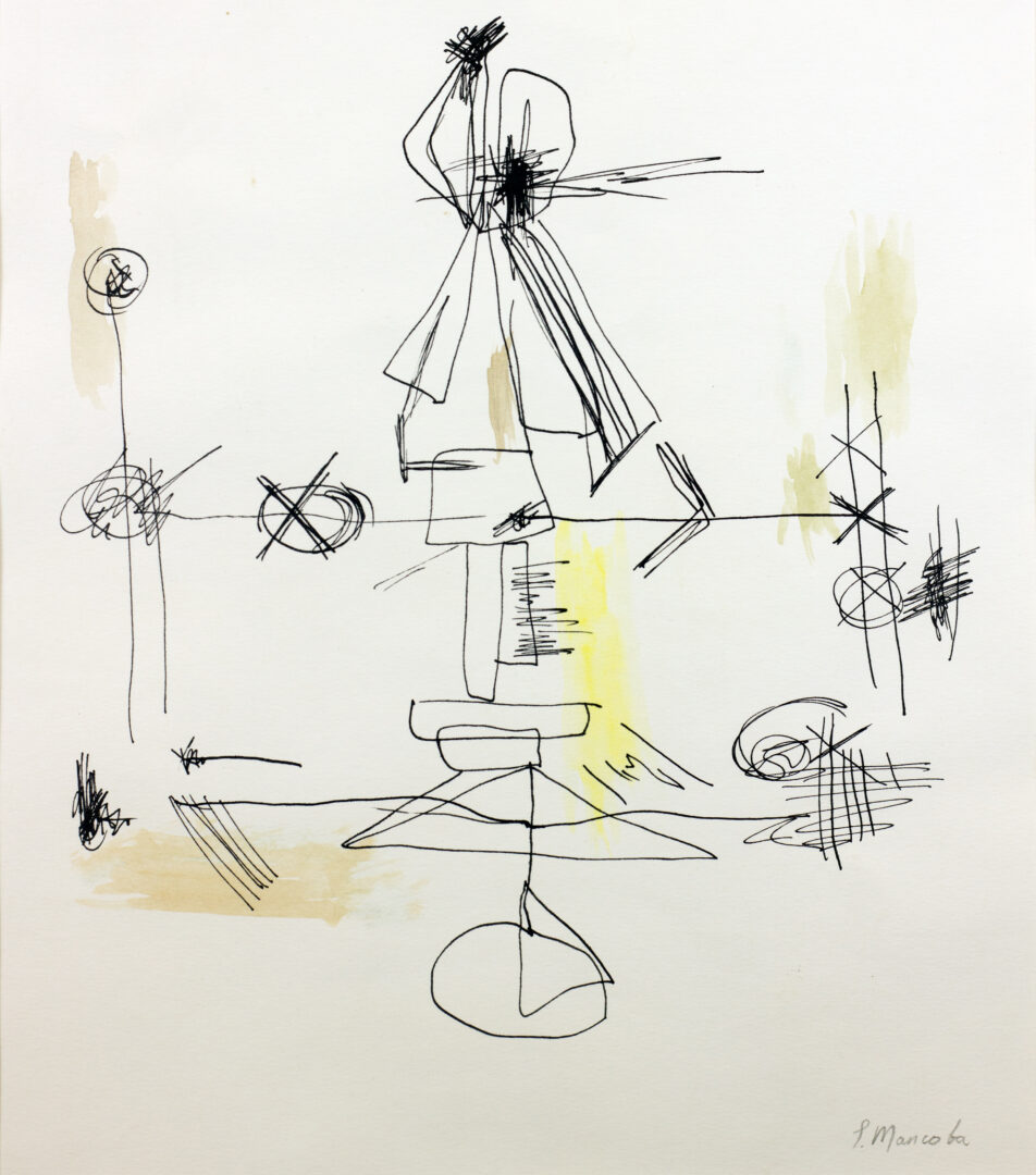 "Untitled, c. 1959" by Ernest Mancoba – an unframed ink and watercolor abstract artwork emphasizing raw expression and gestural composition.