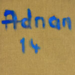 Close-up view of Etel Adnan’s signature in blue paint on the back of the artwork, dated 2014.