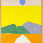 Etel Adnan's abstract painting "Pathway to the Sun" displayed in a simple wooden frame, showcasing its rich texture and color contrasts.