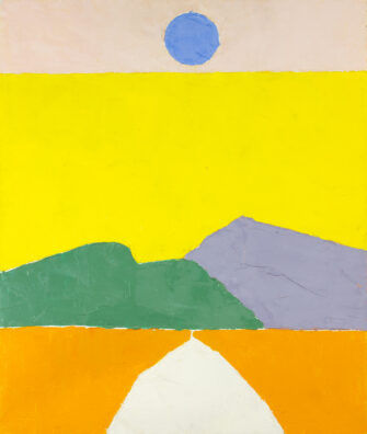 A vivid abstract landscape painting by Etel Adnan, featuring bold color blocks in yellow, orange, green, and blue, depicting a minimalist interpretation of nature.