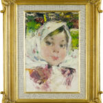 A framed painting of Girl with White Scarf by Nicolai Fechin, showcasing vibrant brushstrokes and expressive portraiture within an ornate gold frame.