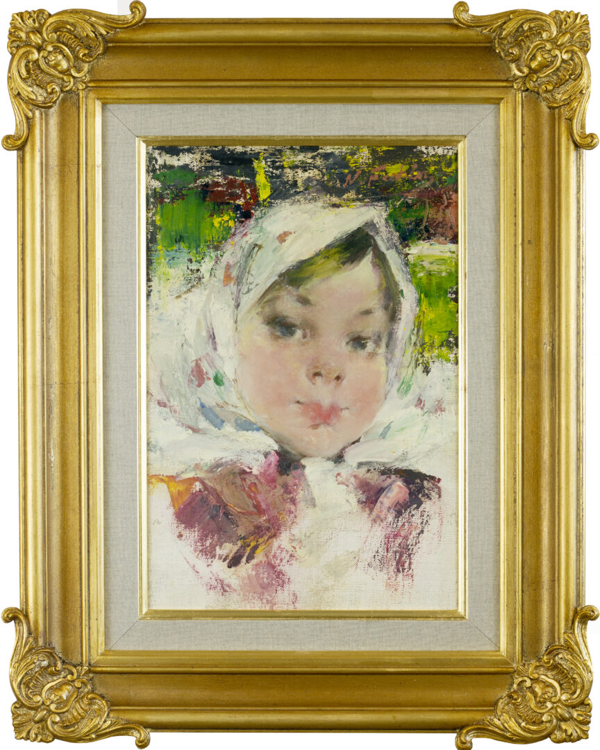 A framed painting of Girl with White Scarf by Nicolai Fechin, showcasing vibrant brushstrokes and expressive portraiture within an ornate gold frame.