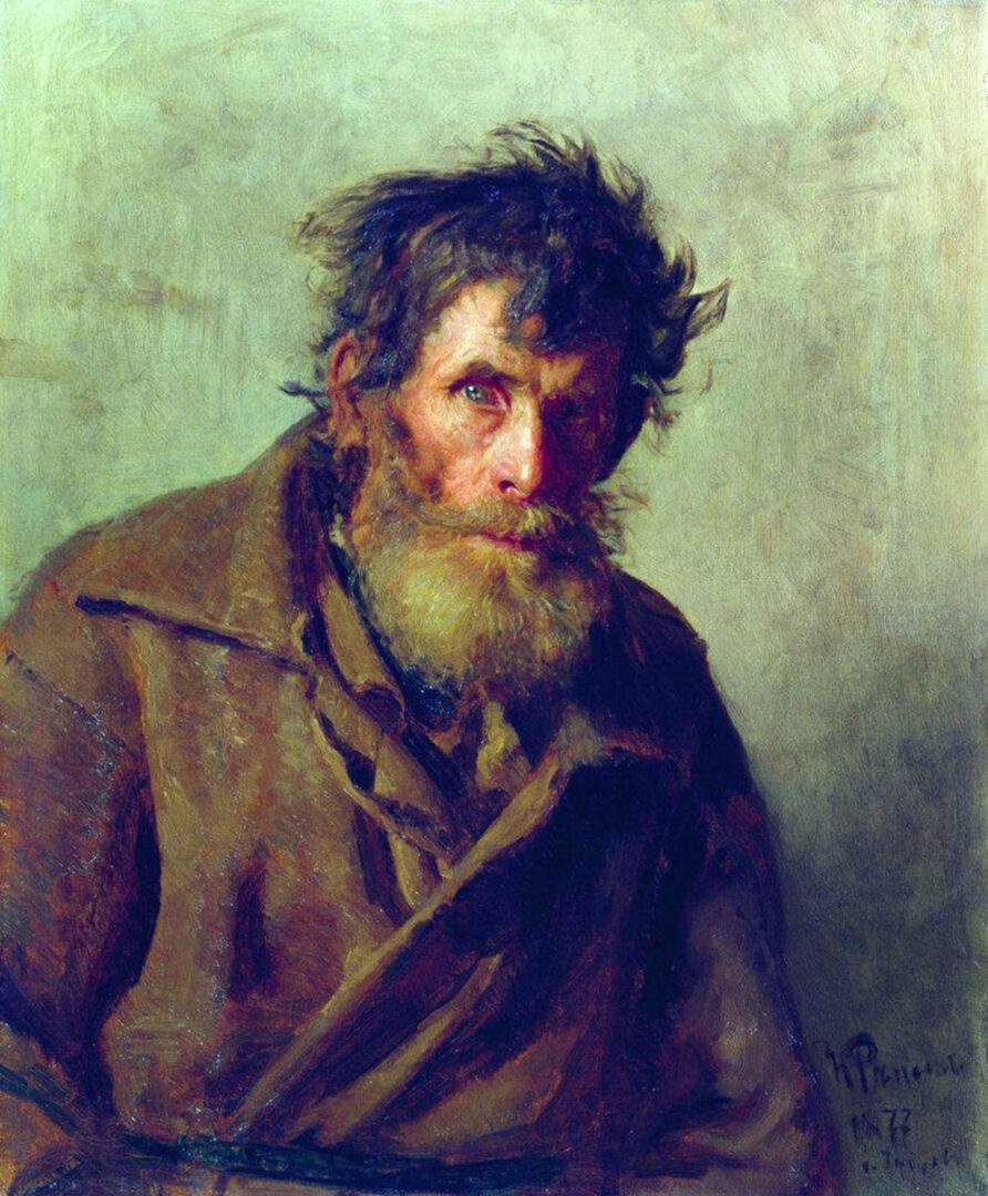 Portrait of an elderly man with a scruffy beard and tattered clothing, titled “A Shy Peasant” (1877) by Ilya Repin, showcasing detailed brushwork and emotional depth.