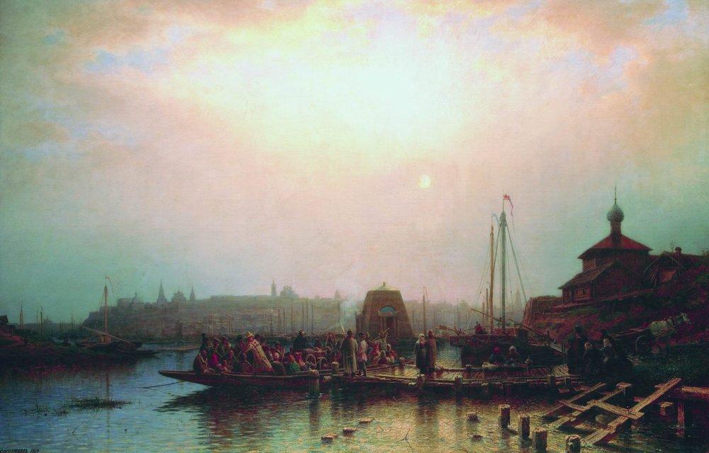 Historical painting of Kazan’s bustling river port at sunset, featuring boats, people, and traditional Russian architecture, by Alexey Bogolyubov (1862).