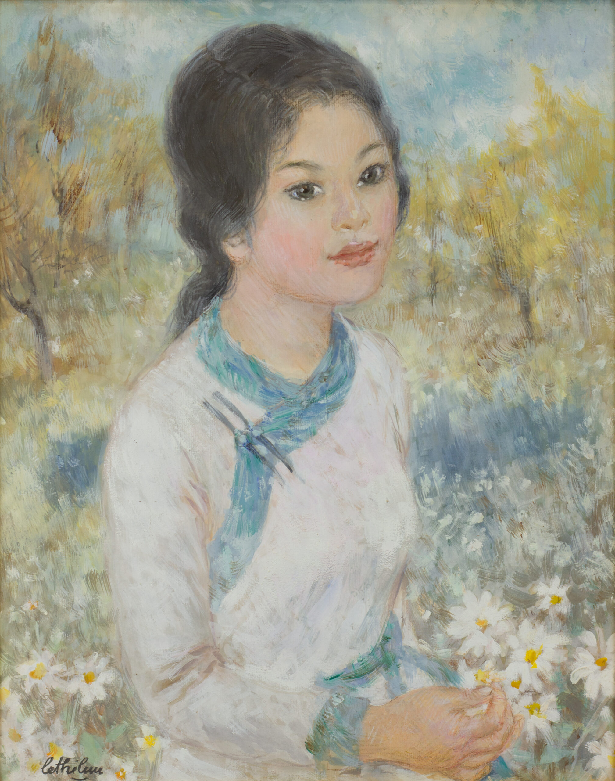 Le Thi Luu – Jeune femme, a delicate portrait of a young woman surrounded by daisies, painted in soft pastel tones with intricate brushwork.