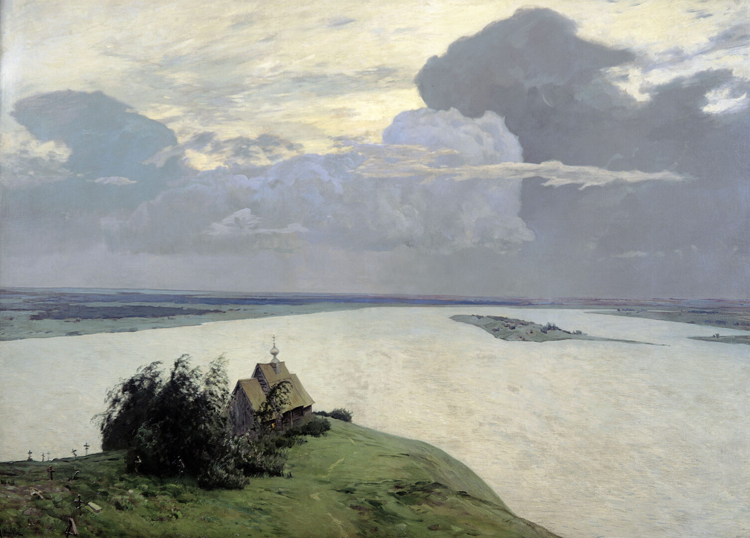 Painting by Isaac Levitan titled “Above Eternal Peace” (1894), depicting a serene landscape with a small chapel overlooking a vast river under a dramatic sky, evoking solitude and contemplation.