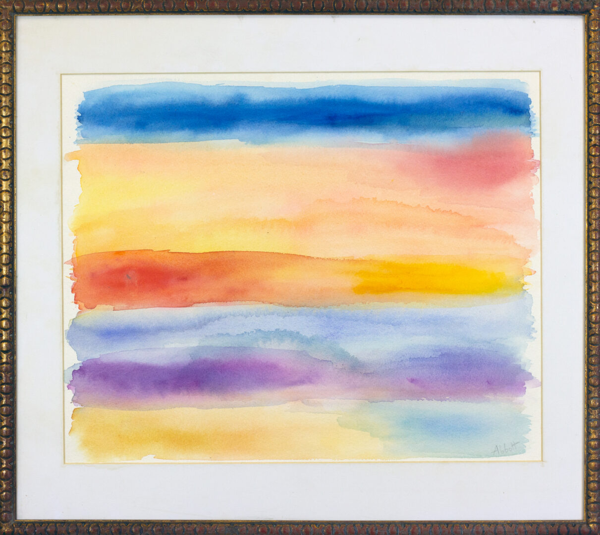 "Sky Study" (1988) by Mary Abbott – framed abstract watercolor painting with soft, fluid color transitions capturing atmospheric light and movement.