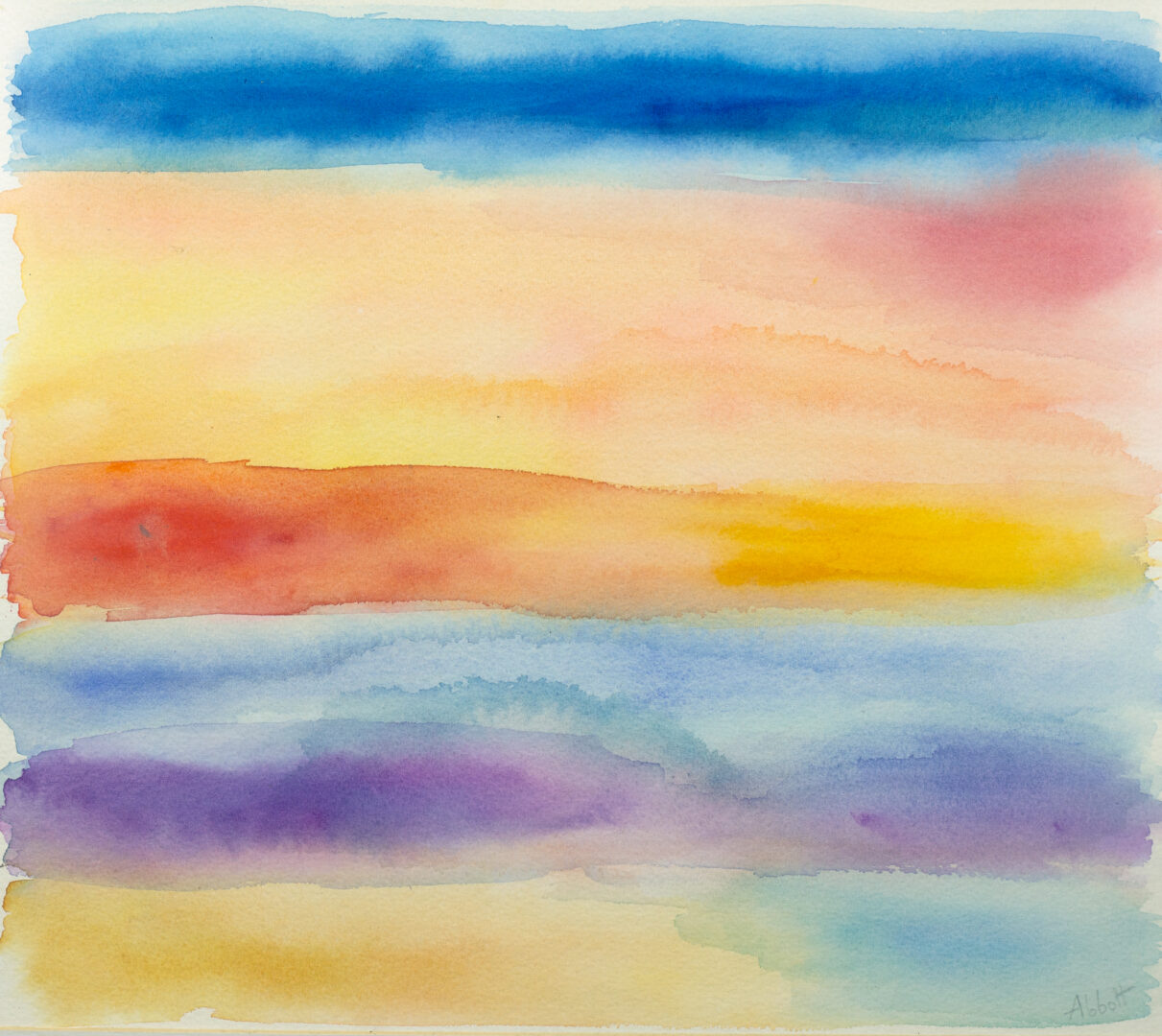 "Sky Study" (1988) by Mary Abbott – an unframed abstract watercolor with vibrant horizontal bands of color reflecting the changing hues of the sky.