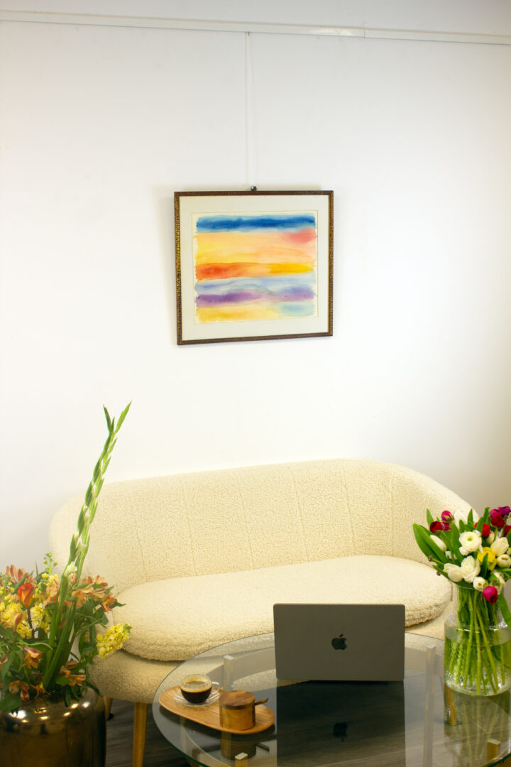 "Sky Study" (1988) by Mary Abbott in an interior setting, demonstrating how this framed color field painting enhances modern and elegant spaces.