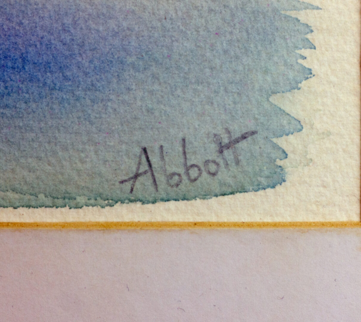 Signature of Mary Abbott on "Sky Study" (1988), authenticating this rare watercolor by the pioneering female Abstract Expressionist.