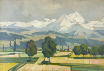 Painting 'Ararat Mountain' (1927) by Martiros Saryan, front view. A landscape featuring green trees, fields, and snow-capped mountains under a blue sky.