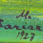 Signature of Martiros Saryan on the front of 'Ararat Mountain' (1927), written in black paint over a green background.