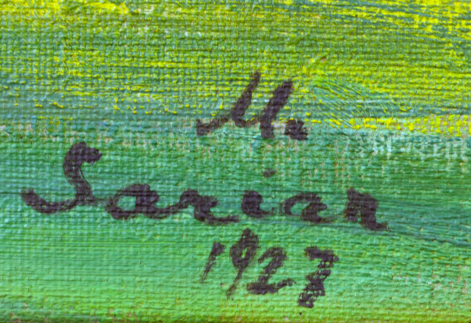 Signature of Martiros Saryan on the front of 'Ararat Mountain' (1927), written in black paint over a green background.