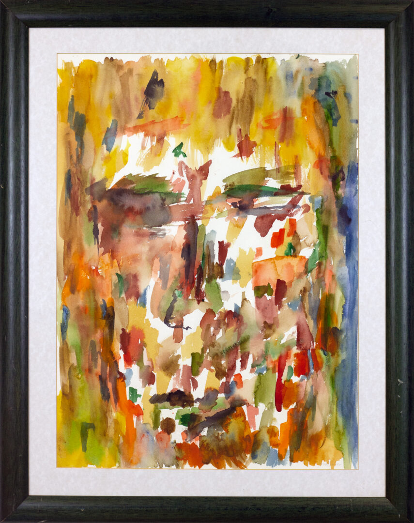 "Kopf" (1995) by Marwan Kassab-Bachi – framed abstract expressionist watercolor portrait with bold colors and dynamic brushstrokes.