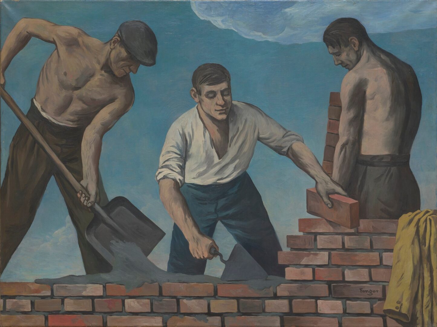 "Murarze" (Bricklayers) by Wojciech Fangor, an iconic Socialist Realism painting depicting three laborers building a brick wall, showcasing the artist’s early work in postwar Poland.