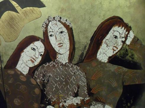 A lacquer painting by Nguyen Gia Tri, a pioneer of modern Vietnamese lacquer art, depicting three women in traditional áo dài, showcasing his signature fusion of traditional materials and modernist composition.