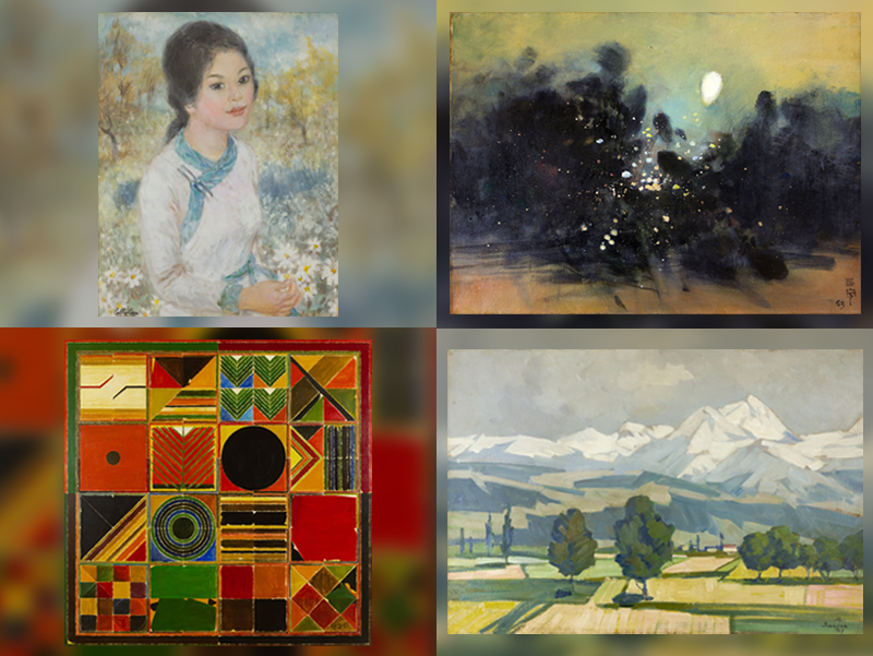 A selection of featured artworks from the March Fine Art Auction 2025, including a delicate Vietnamese portrait, an abstract geometric composition, an atmospheric night landscape, and a serene mountain scene. These investment-grade paintings highlight the diversity of blue-chip and contemporary artists in the auction.