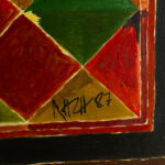 Close-up of Sayed Haider Raza's signature on "Ankuran" (1987), located in the bottom right corner of the painting.