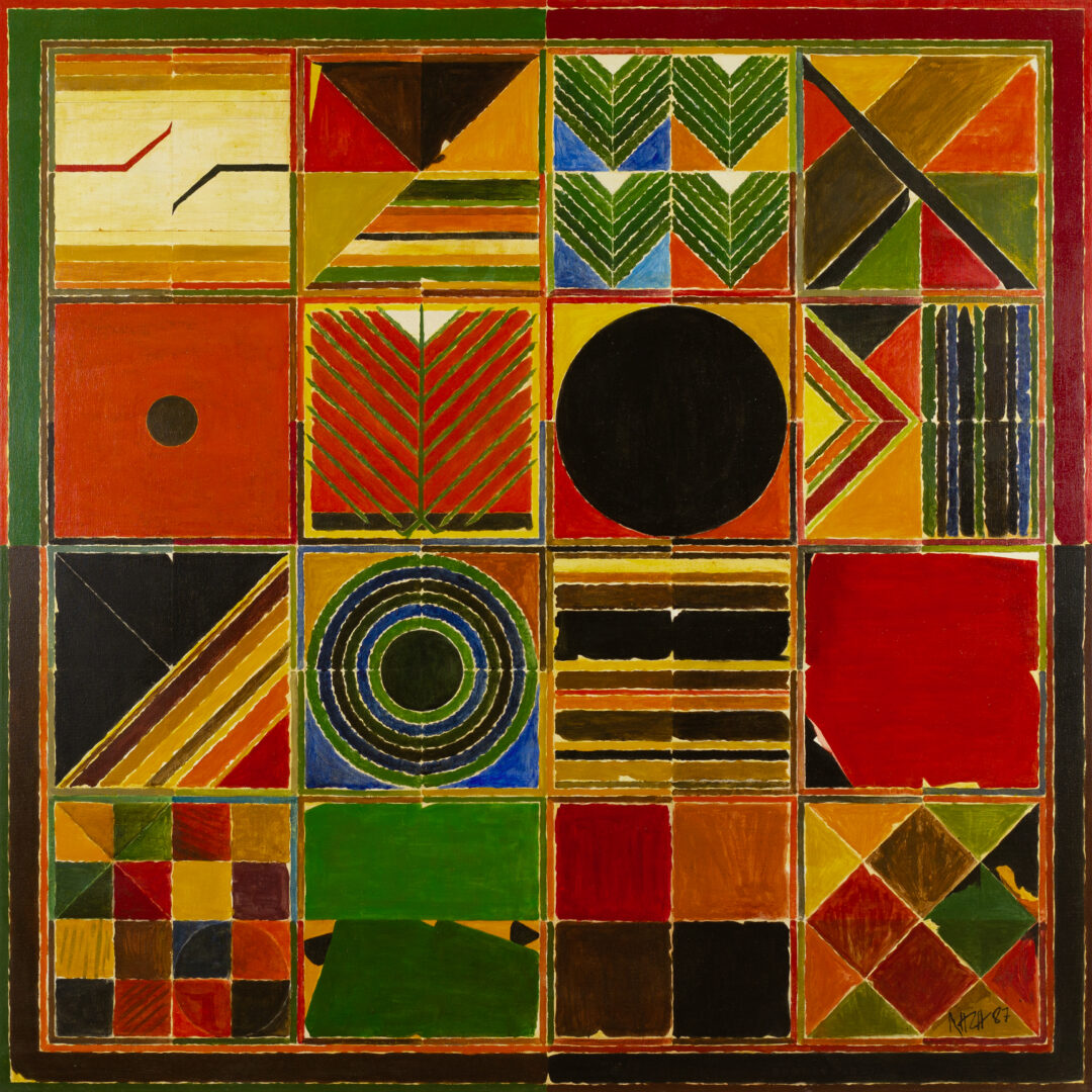 Acrylic on canvas painting "Ankuran" (1987) by Sayed Haider Raza, featuring a geometric abstract composition with vibrant colors and symbolic patterns.