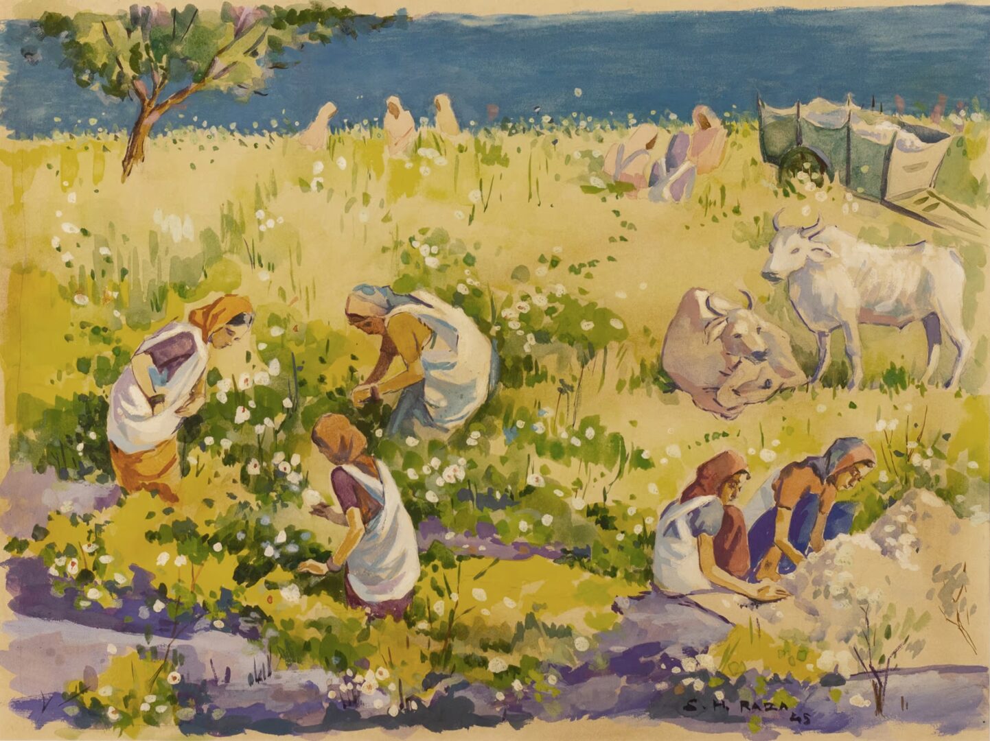 Sayed Haider Raza's early watercolor painting from circa 1945, depicting rural Indian life with women working in a field and cows grazing, showcasing his early artistic focus on daily life and natural settings.