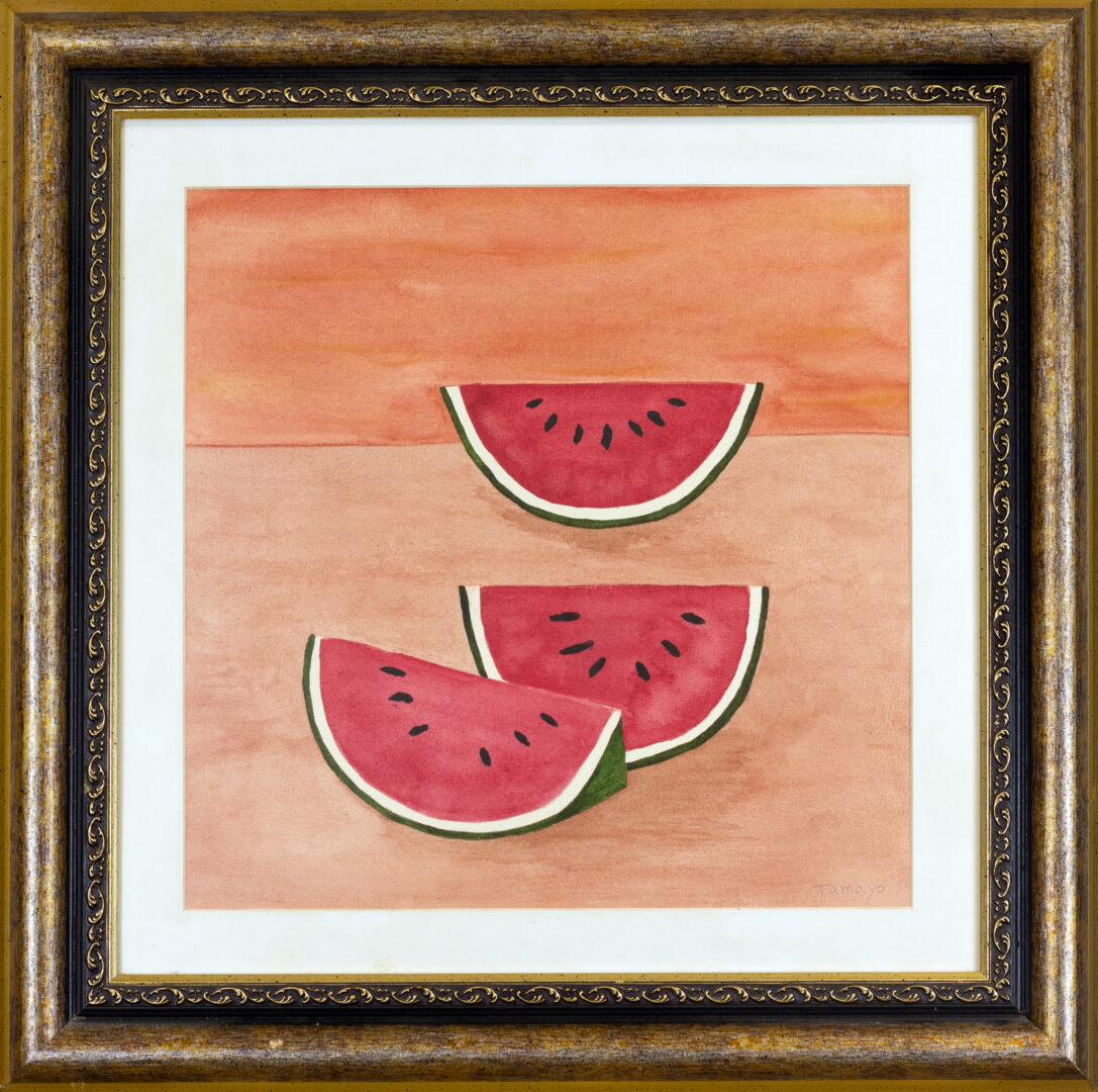 Framed watercolor painting "Sandías, 1972" by Rufino Tamayo, featuring three watermelon slices against a warm-toned background.