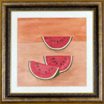 Framed watercolor painting "Sandías, 1972" by Rufino Tamayo, featuring three watermelon slices against a warm-toned background.