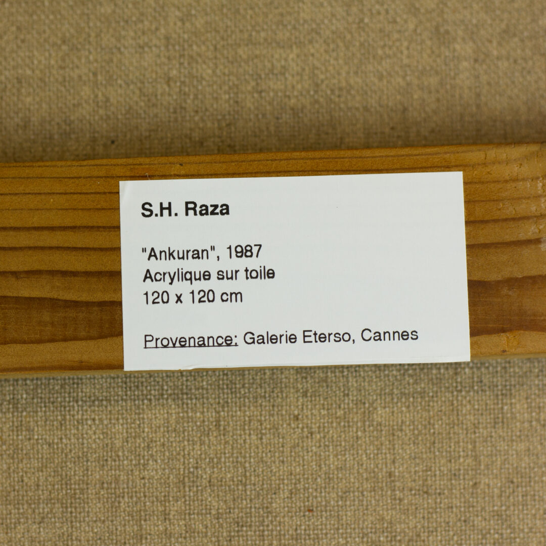 Provenance label on the back of "Ankuran" (1987) by Sayed Haider Raza, indicating Galerie Eterso, Cannes as the source.