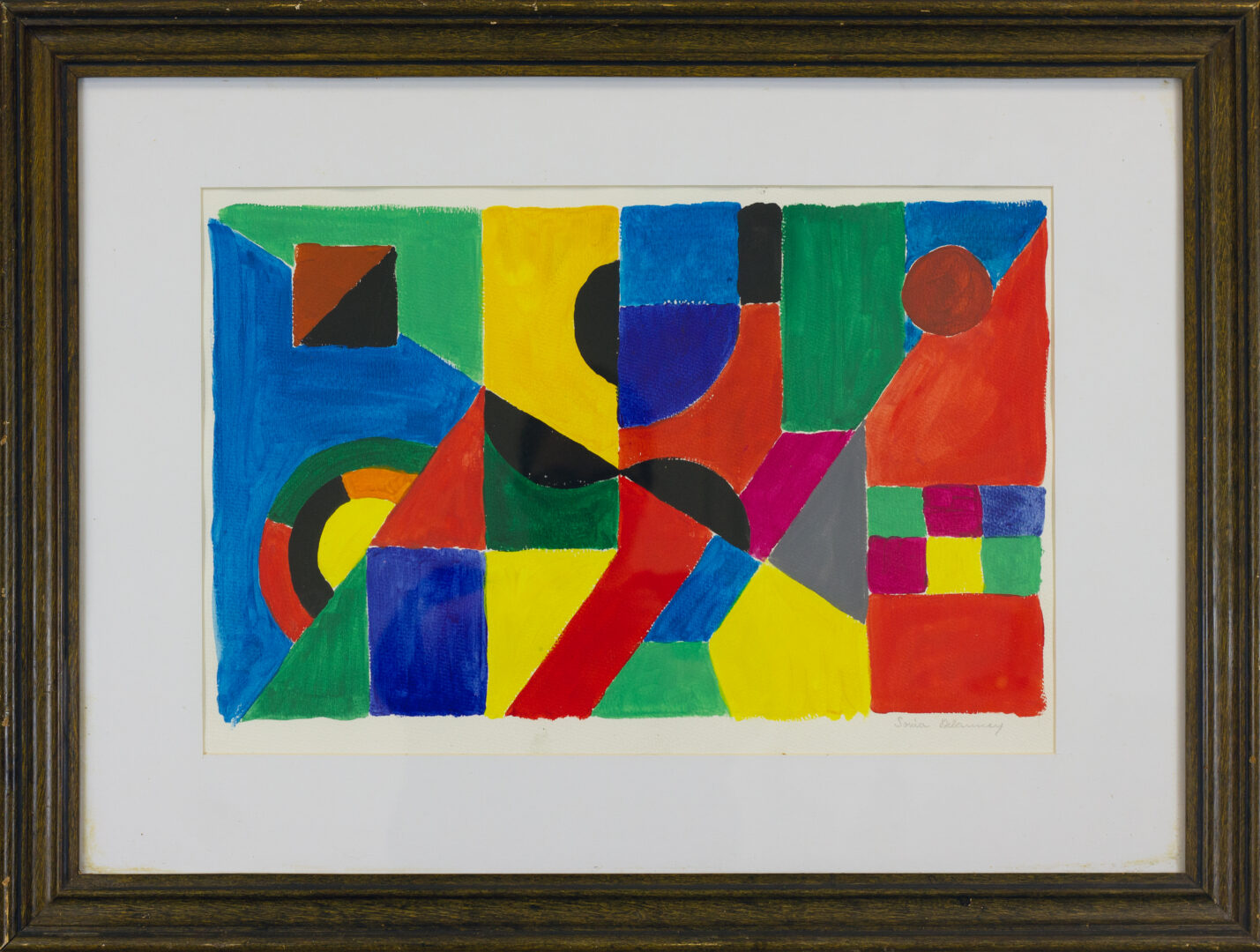 Framed Rythme Couleur (1955) by Sonia Delaunay, featuring bold geometric shapes and vivid colors.