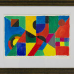 Framed Rythme Couleur (1955) by Sonia Delaunay, featuring bold geometric shapes and vivid colors.