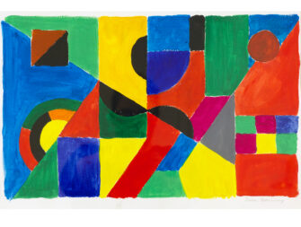 Rythme Couleur (1955) by Sonia Delaunay, an abstract composition of geometric shapes and primary colors on paper.