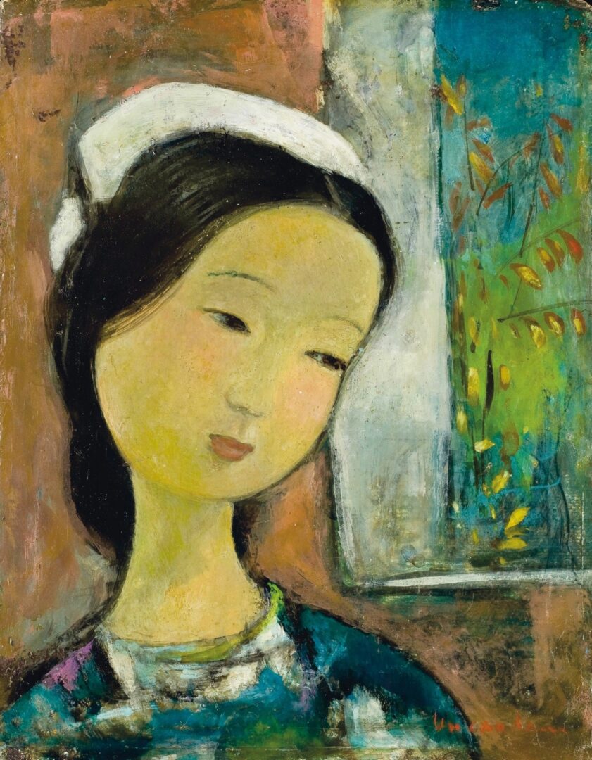 A portrait of a young woman by Vu Cao Dam, a renowned Vietnamese modernist painter, known for his delicate brushwork blending Impressionist influences with traditional Vietnamese aesthetics.